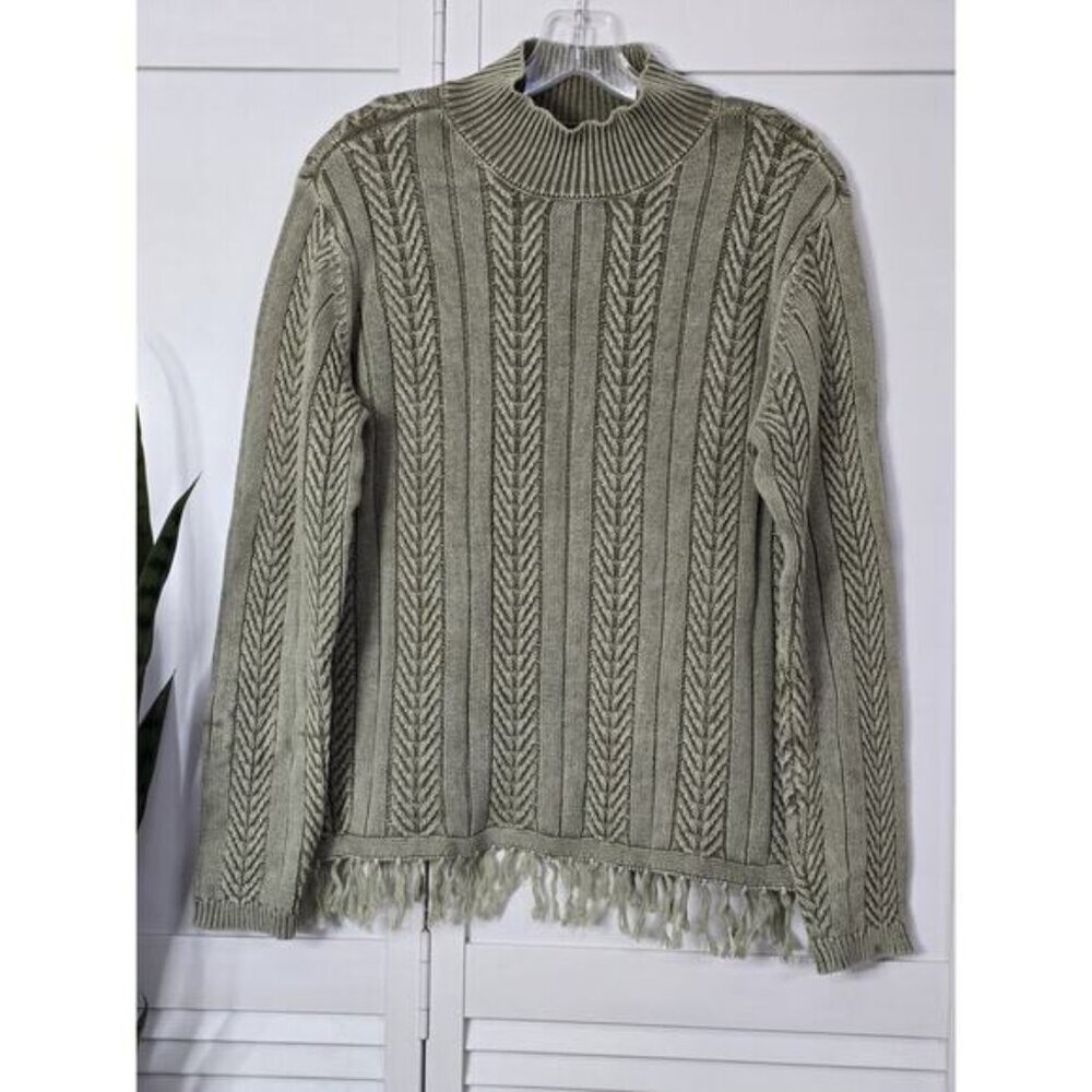 Tribal Knit Mock Turtleneck Long Sleeve Fringe Hem Sweater Size Medium Green